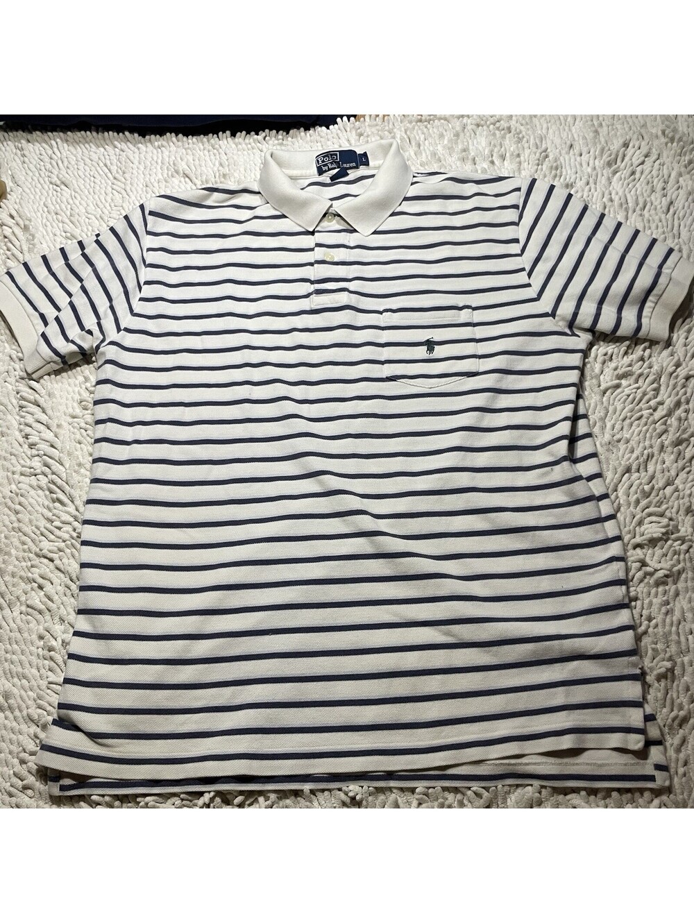 VINTAGE Polo Ralph Lauren Textured Pony Pocket Shirt Mens L Blue White *READ*